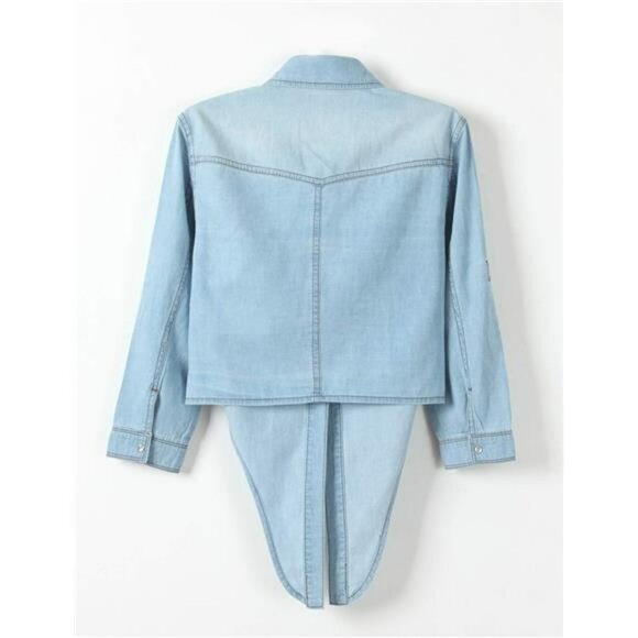 Womens Chambray Tie Front Crop Top Denim Shirt 34 Sleeve Button Down - Picture 5 of 7